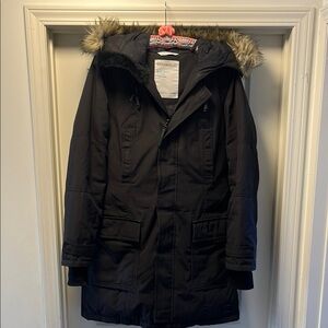 Golden Black Parka with Faux Fur Hood